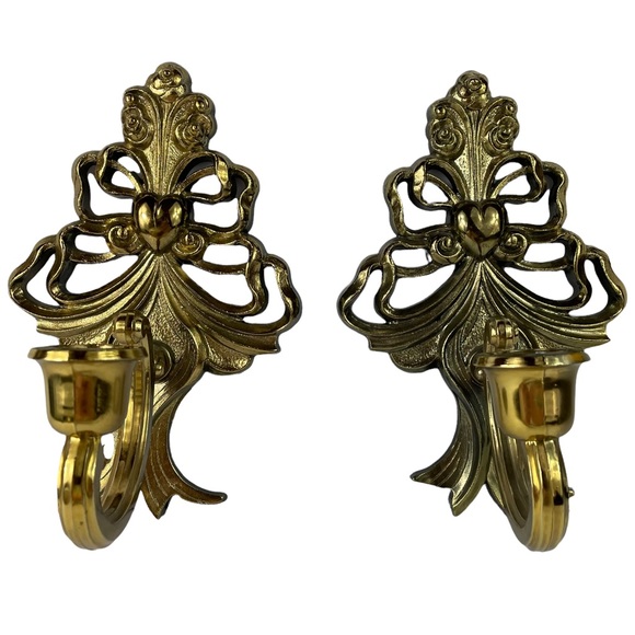 MCM Gold Filagree Wall-Mount Candle Holders Heart Decor Very Clean 8” Tall Homco - Picture 5 of 15